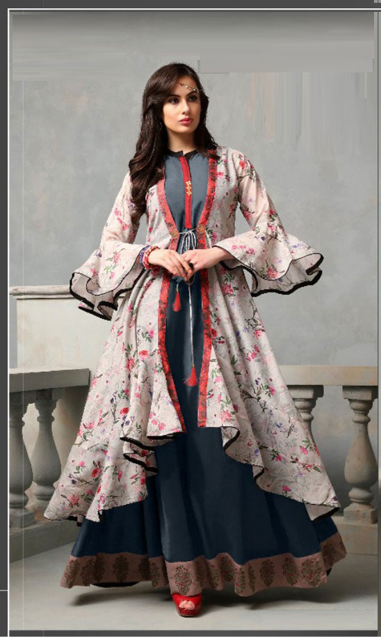 Multicolour Poli Reyon Party Wear Digital Print Gown With Koti Jacket