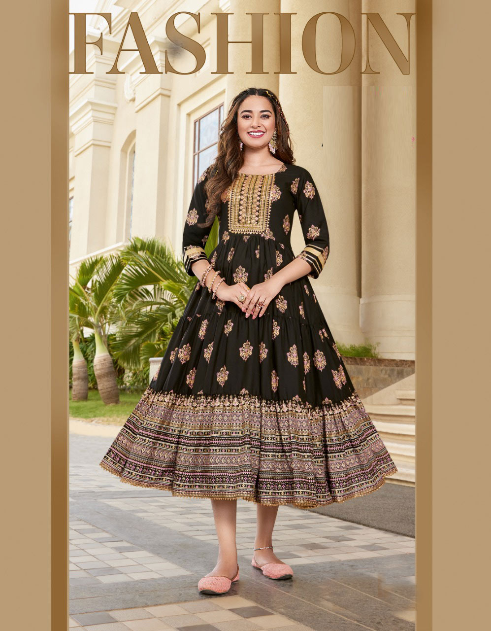 Black colour Reyon Gold Print Kurti Gown with Sequence Embroidery work