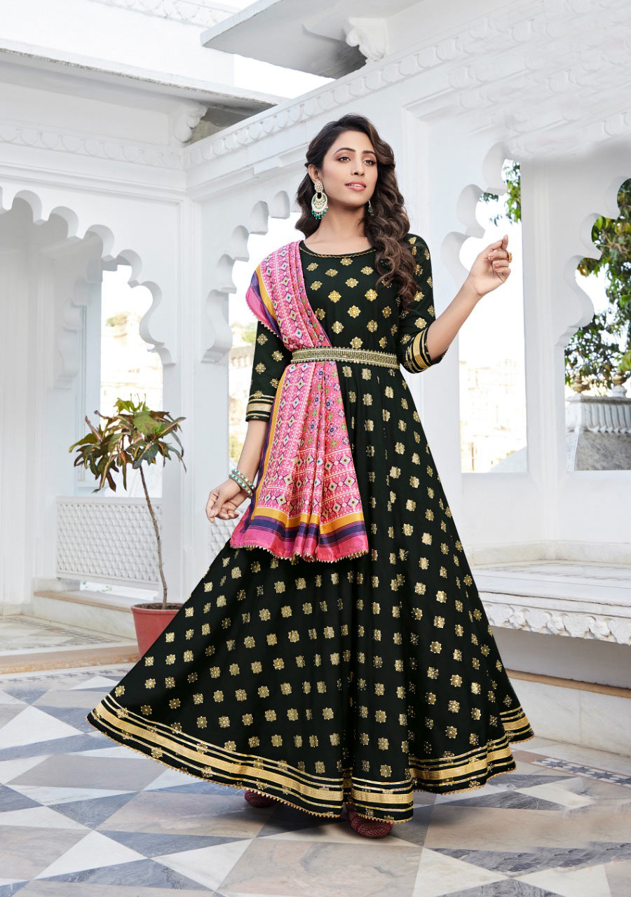 Black Colour heavy rayon Gown with Dupatta