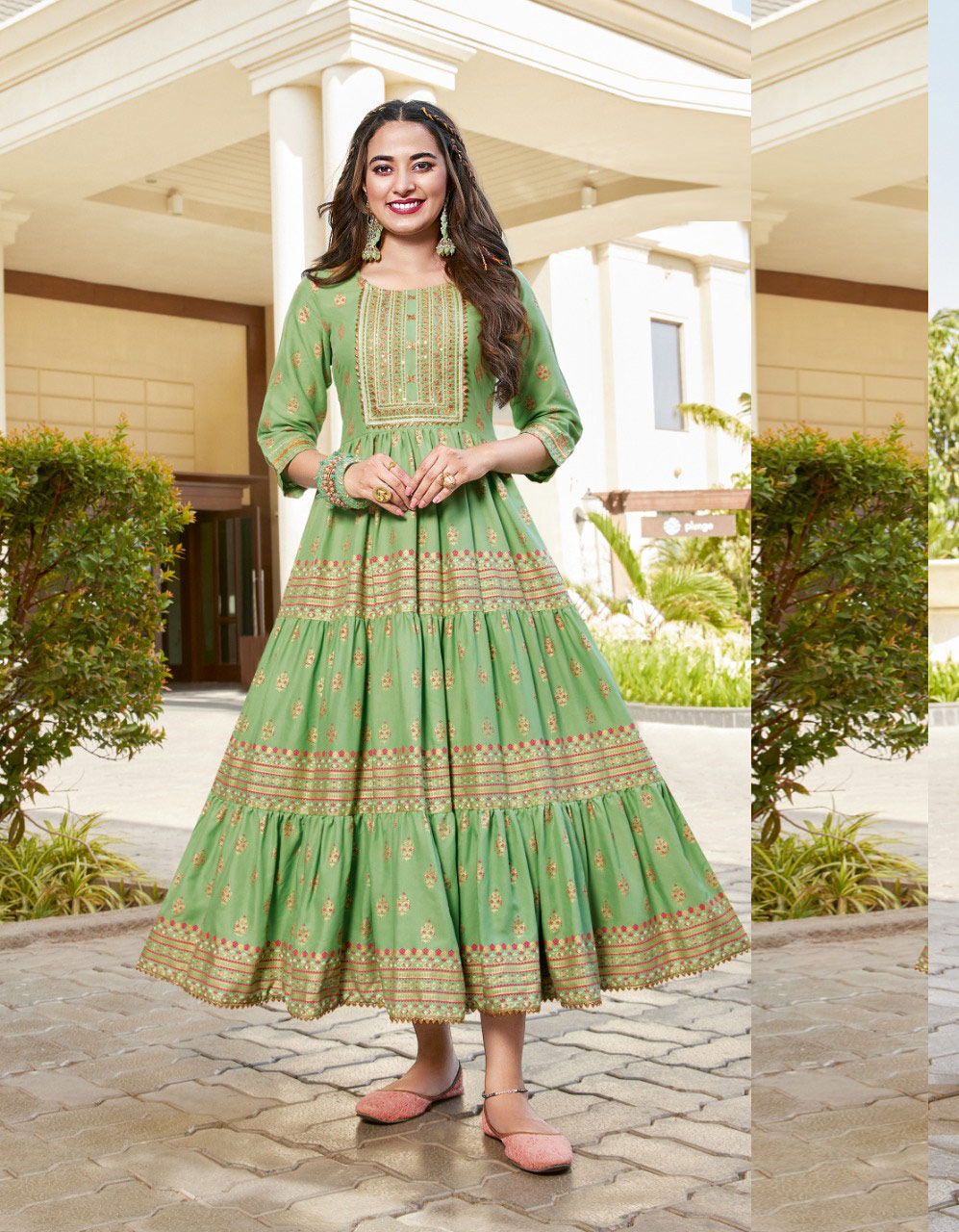 Green colour Reyon Gold Print Kurti Gown with Sequence work
