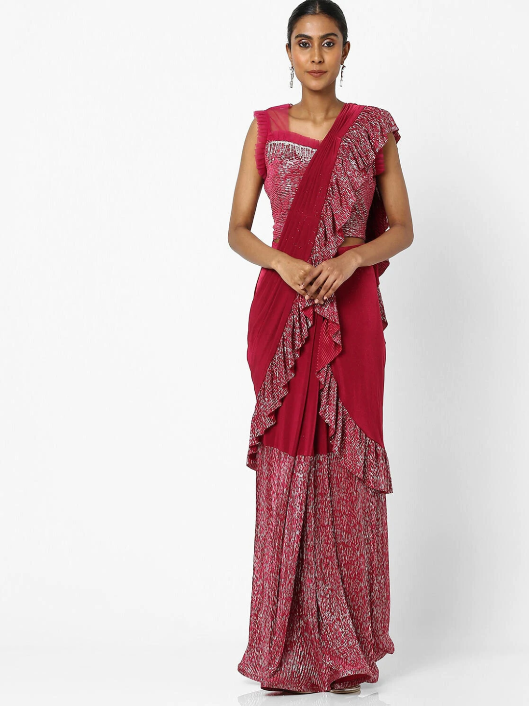 Made to Measure Maroon Ruffled Saree & Stylish Embellished Frills Blouse With Tassels
