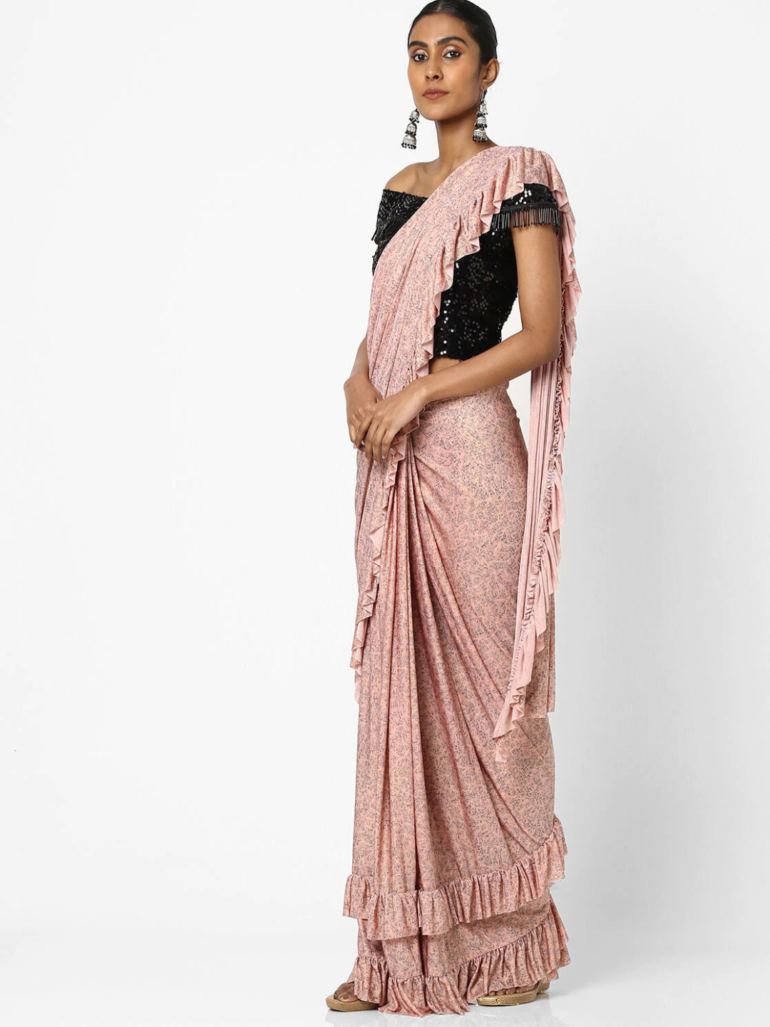 Made to Measure Pink & Black Ruffled Self Embossed Saree & Black Sequence Off Shoulder Embellished Blouse