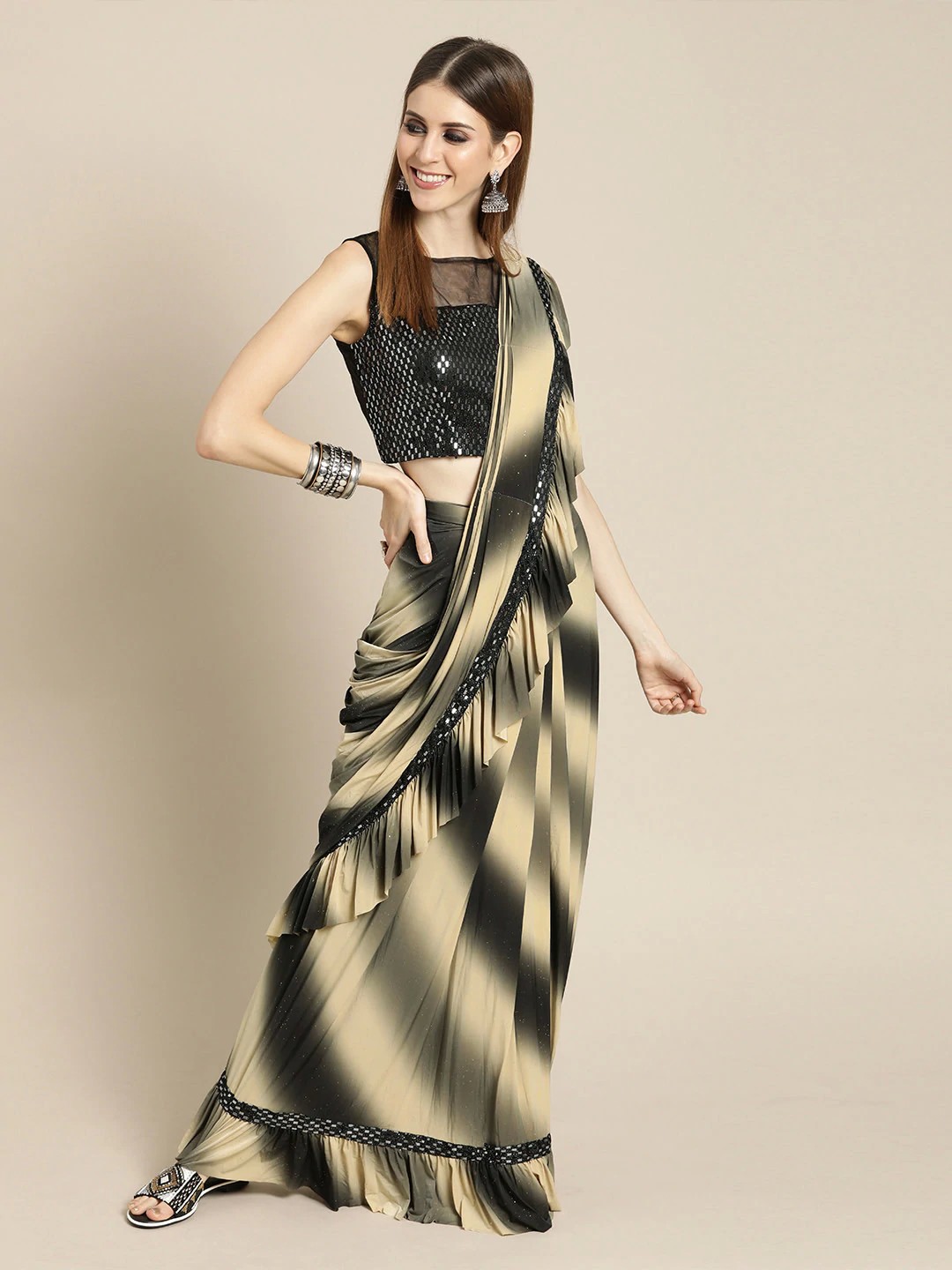 Ruffled Pre-stitched Saree with Ombre Drape and Frills and Black Shimmer Blouse