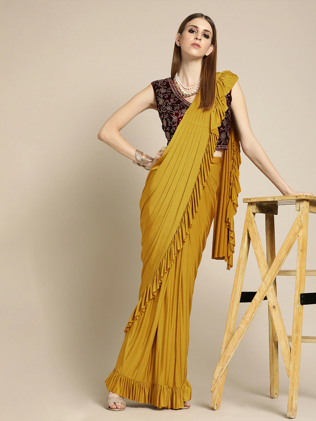 Mustard Ruffled Pre-Draped Lycra Saree with Frills and Velvet Crystal Embellished Blouse