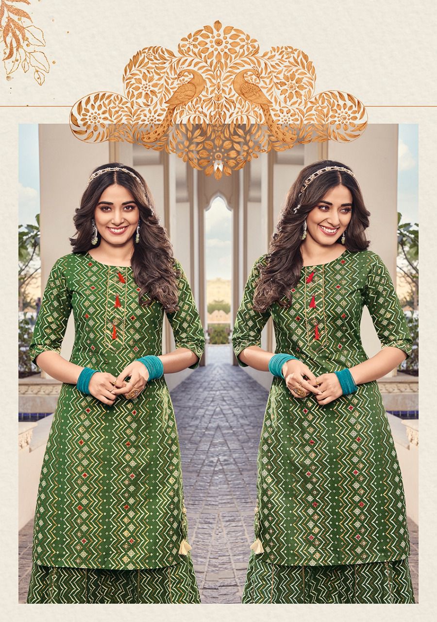 Green color cotton Kajal style Kurtis with Sharara