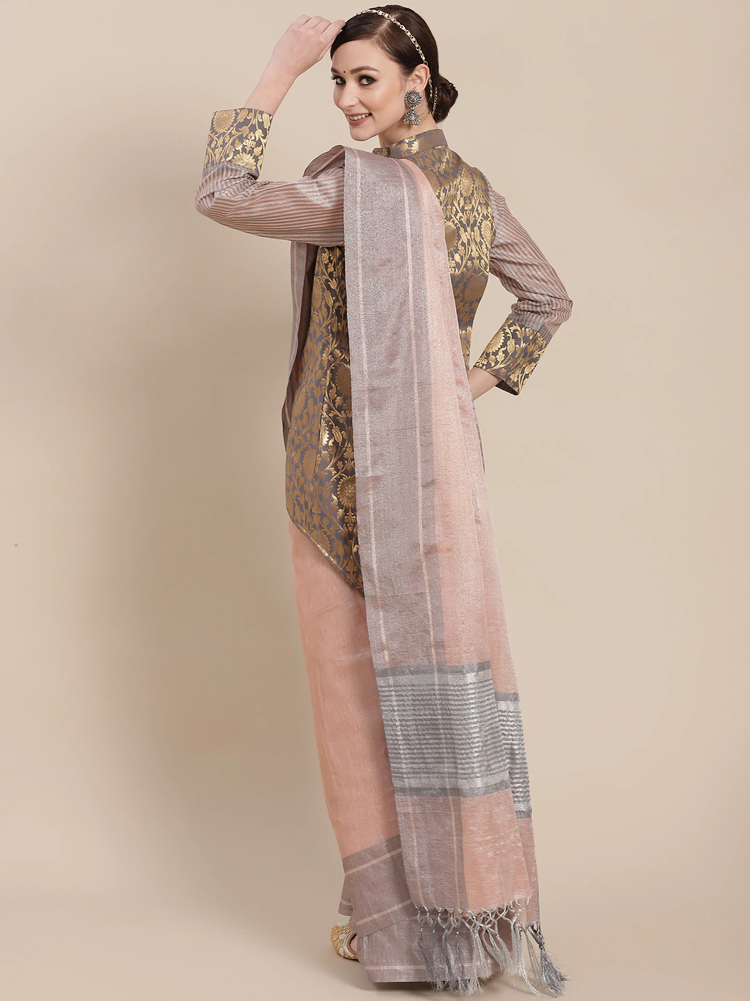 Pastel Chanderi Silk Banarasi Saree With Stylish Unstitch Grey Jacket
