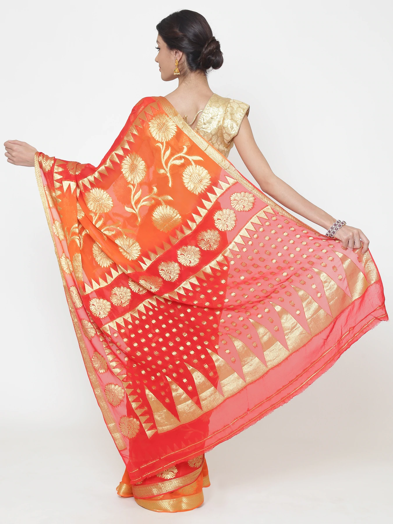Mysore Georgette Ombre Dyed Saree with Traditional Temple Patterns