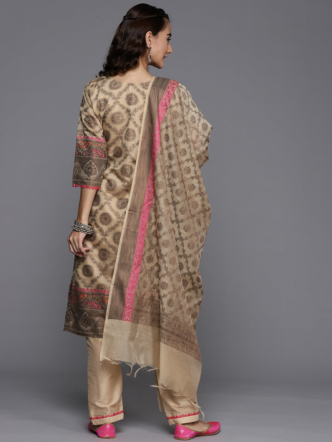 Made to Measure Beige Banarasi Weaving Embellished Kurta Pant Set With Handloom Dupatta