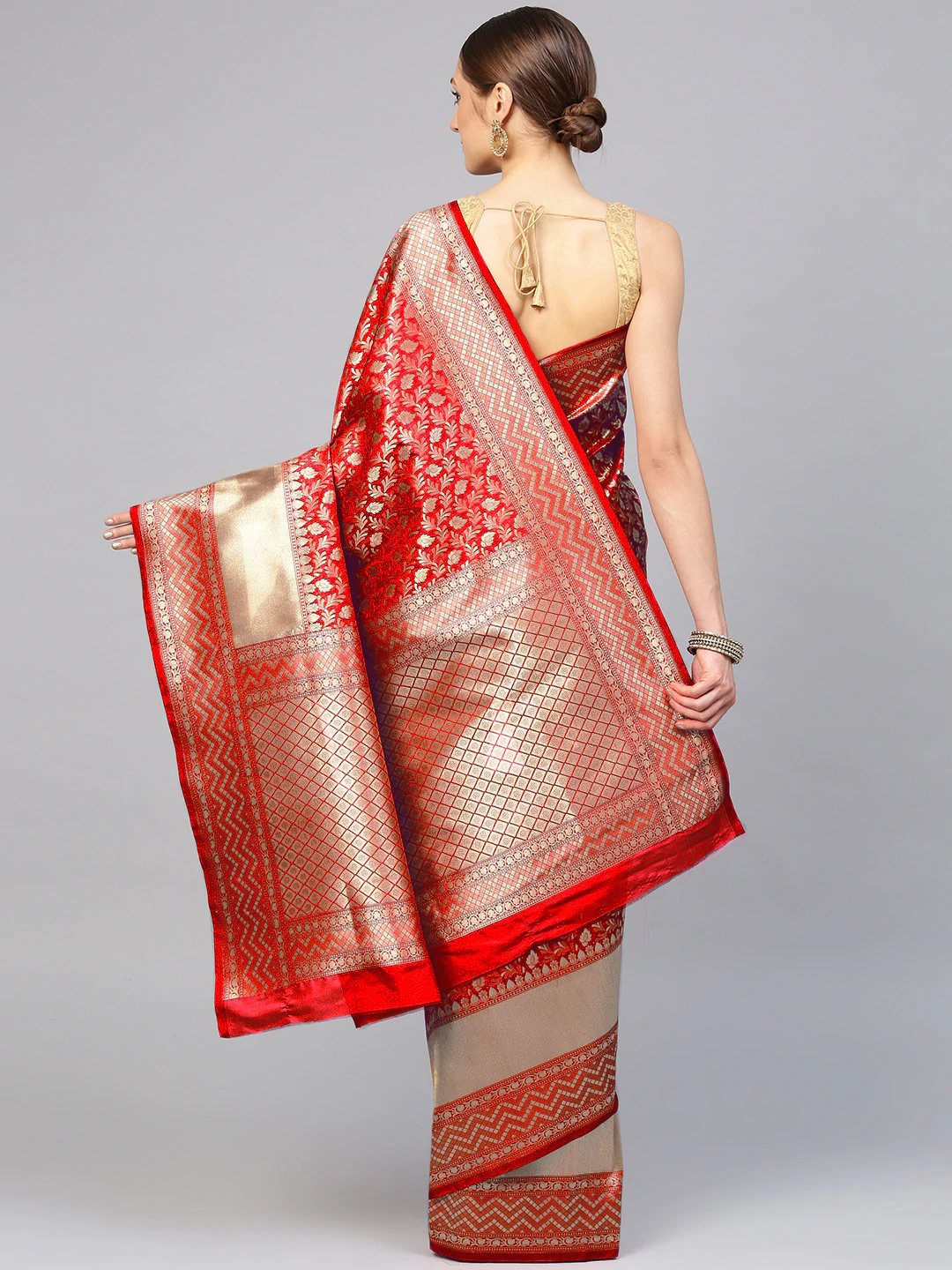 Red Banarasi Handloom Silk Saree with intricate zari woven floral motifs