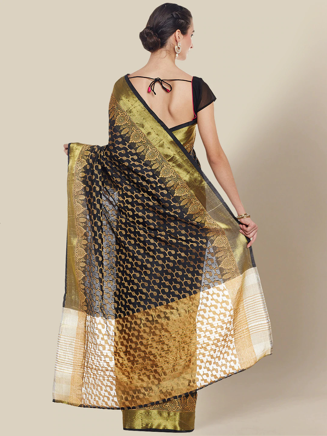 Black & Gold Banarasi Silk Saree With Golden Zari Weaving and Ethnic Woven Border.