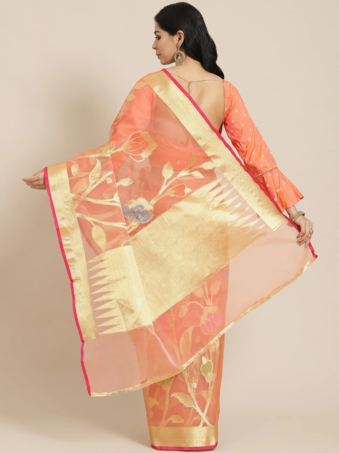 Pastel Gold Zari Floral Weaving Silk Tissue Traditional Banarasi Saree