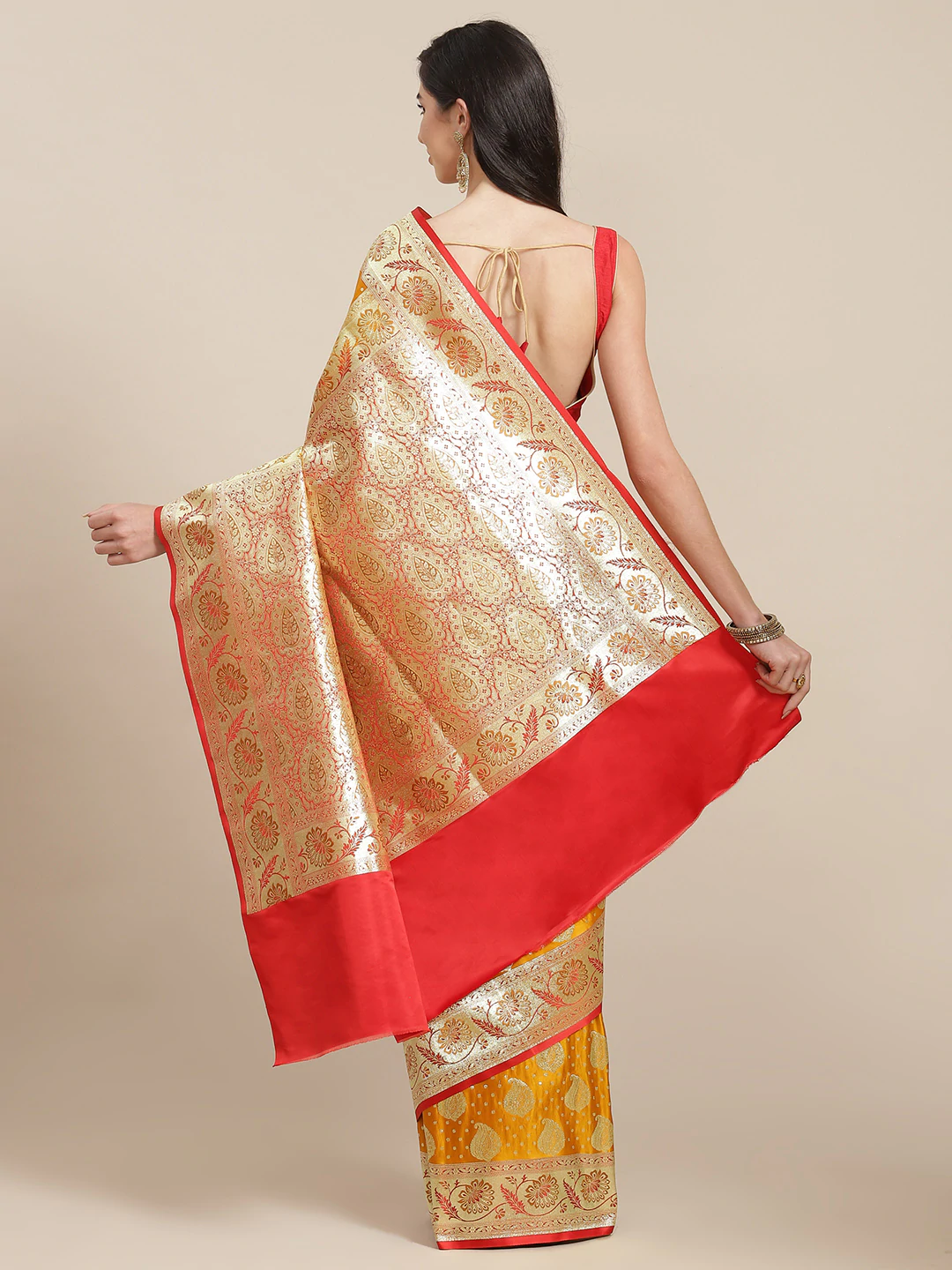 Mustard Kanjeevaram Wedding Silk Saree With Gold Zari & Contrast Pallu