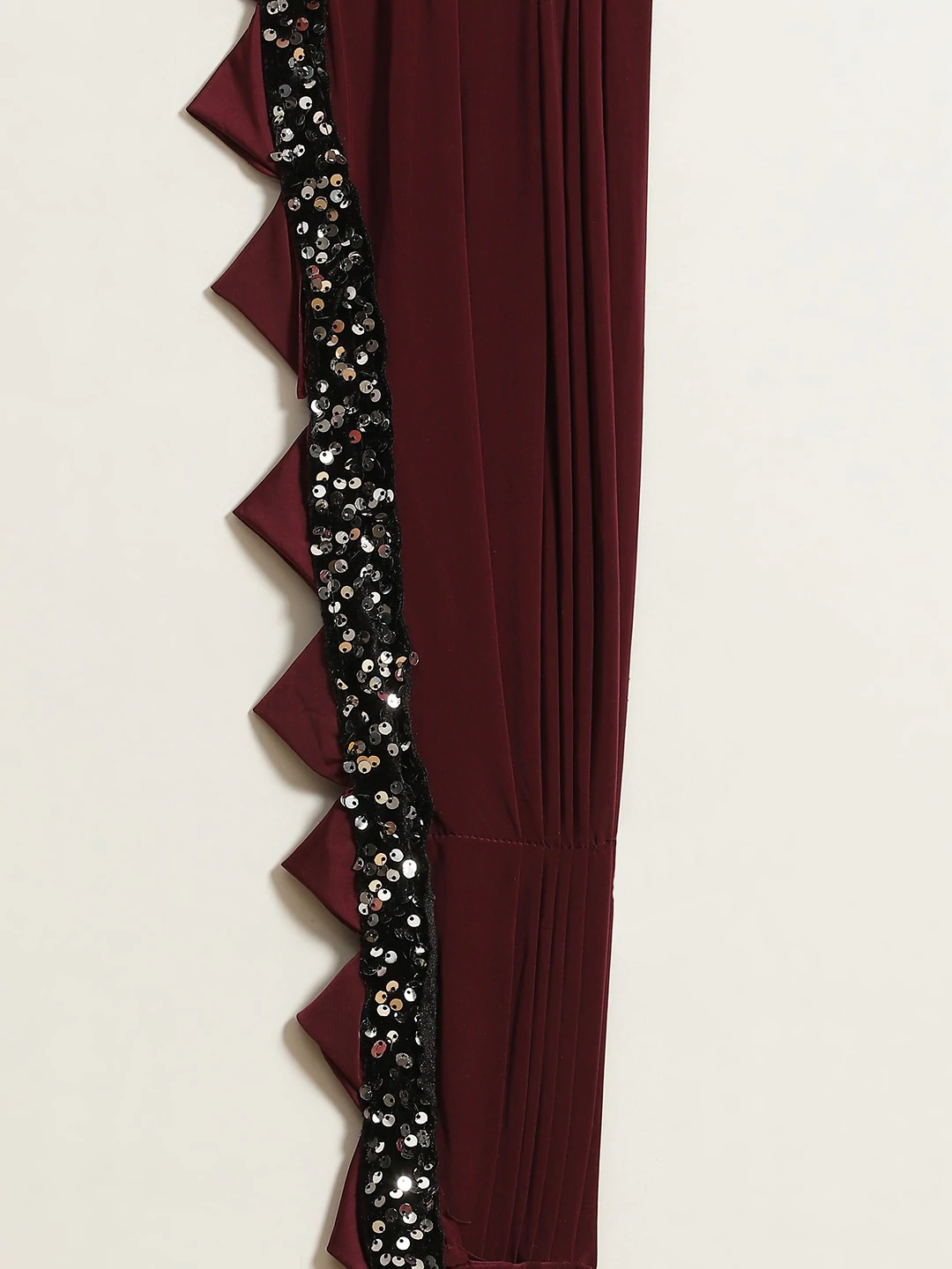 Ruffled Pre-Draped Ready to Wear Burgundy Sequin Embellished Saree with Floral Belt