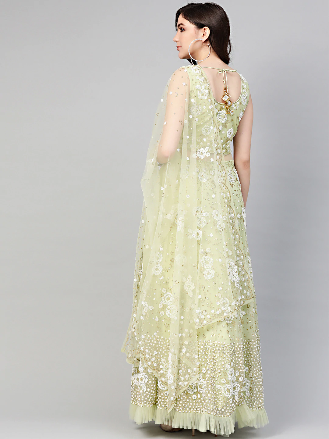  Green Cocktail Gown with Pearl Glitter embellishements, Ruffled hemline and cutwork dupatta