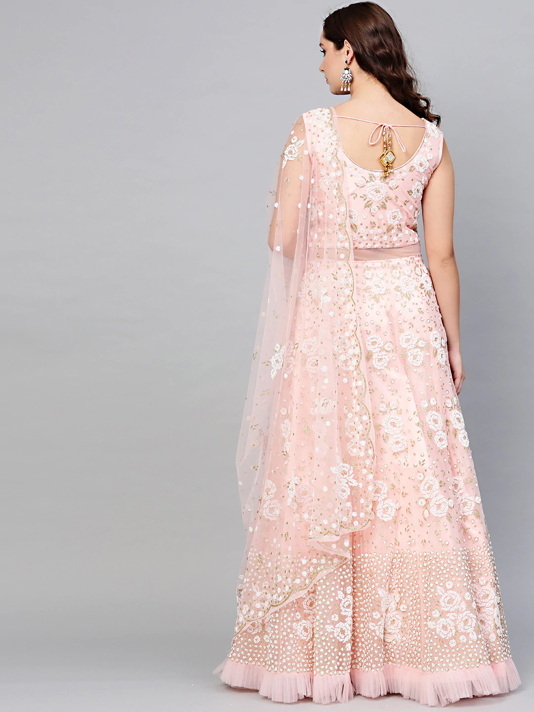 PInk Cocktail Gown with Pearl Glitter embellishements, Ruffled hemline and cutwork dupatta