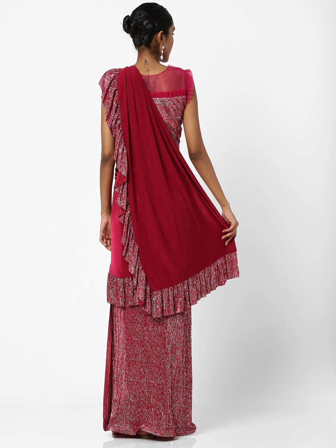 Made to Measure Maroon Ruffled Saree & Stylish Embellished Frills Blouse With Tassels