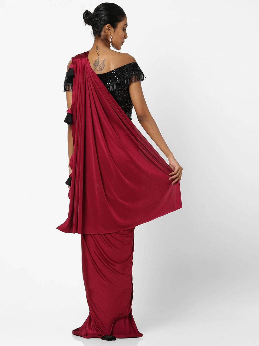 Made to Measure Maroon Ruffled Saree & Black Sequence Off-Shoulder Embellished Blouse