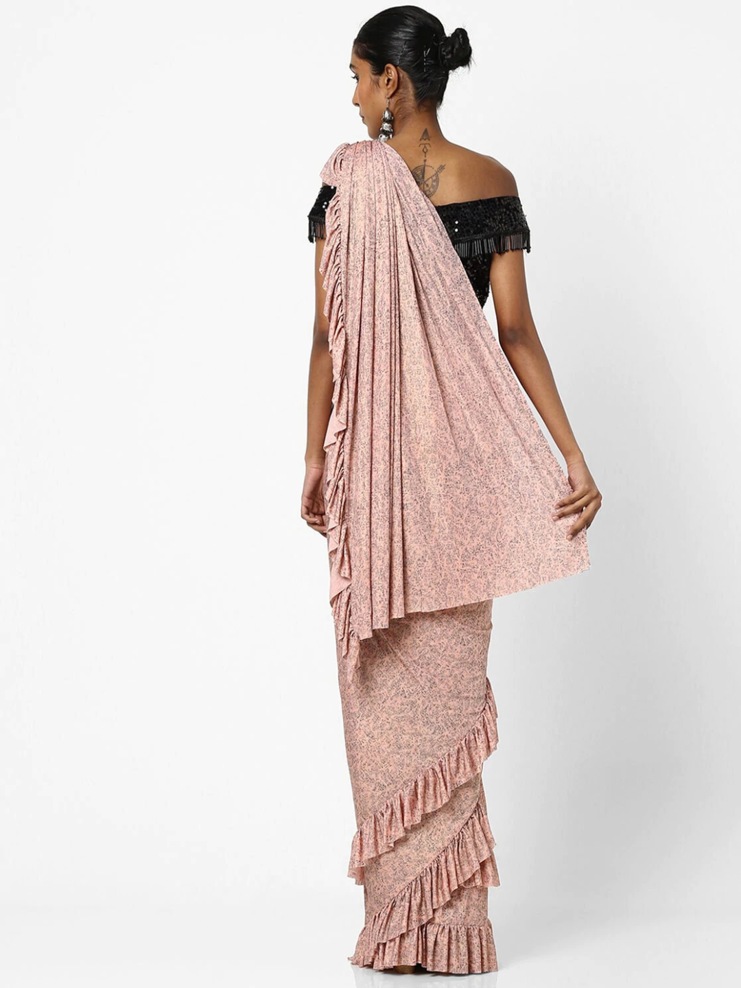 Made to Measure Pink & Black Ruffled Self Embossed Saree & Black Sequence Off Shoulder Embellished Blouse