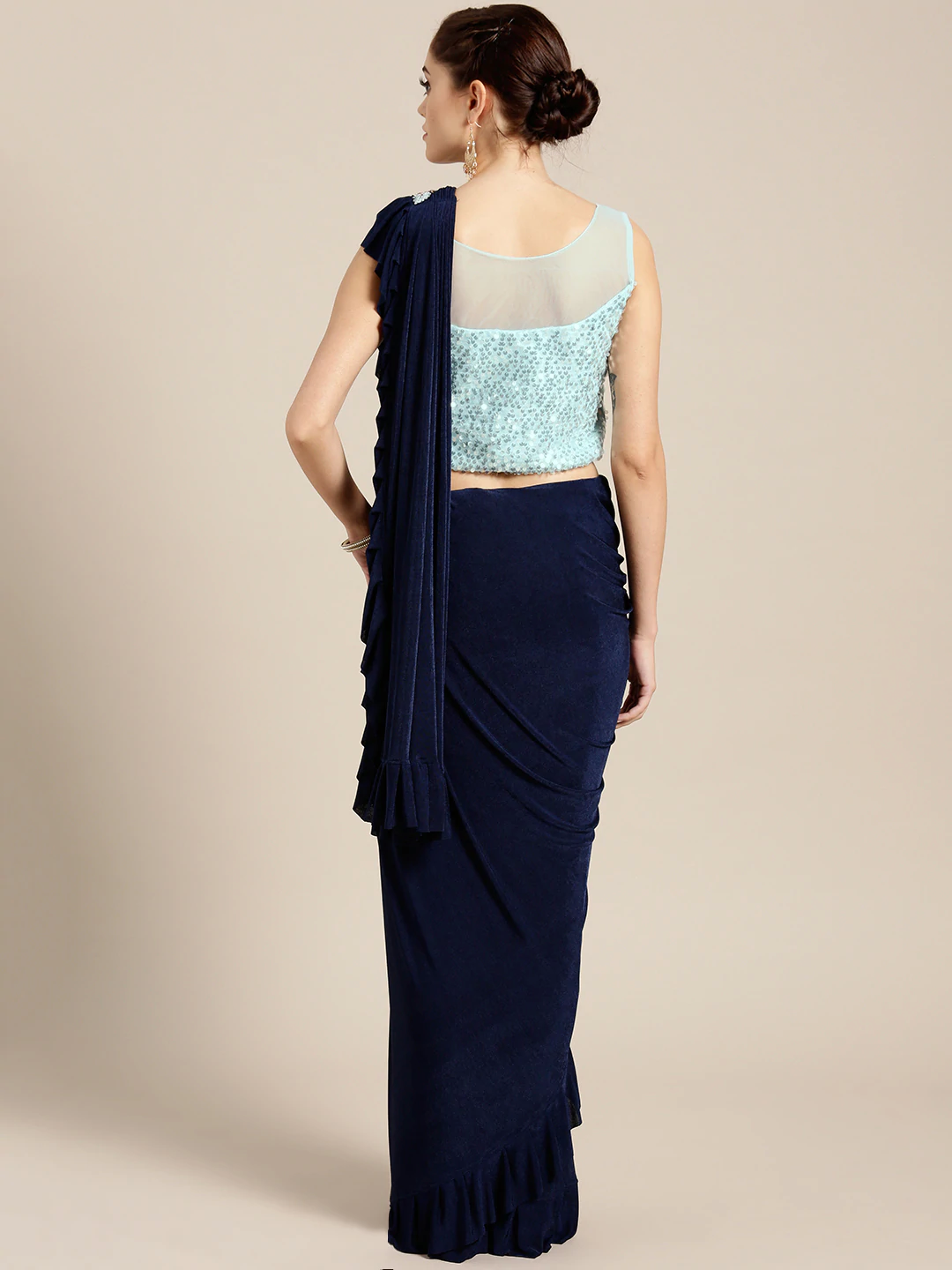 Draped Ruffled Pre-stitched Saree with Net Sequin Embellished Blouse