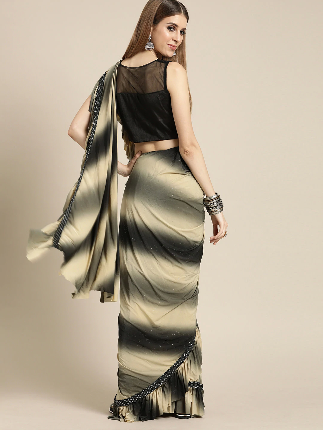 Ruffled Pre-stitched Saree with Ombre Drape and Frills and Black Shimmer Blouse