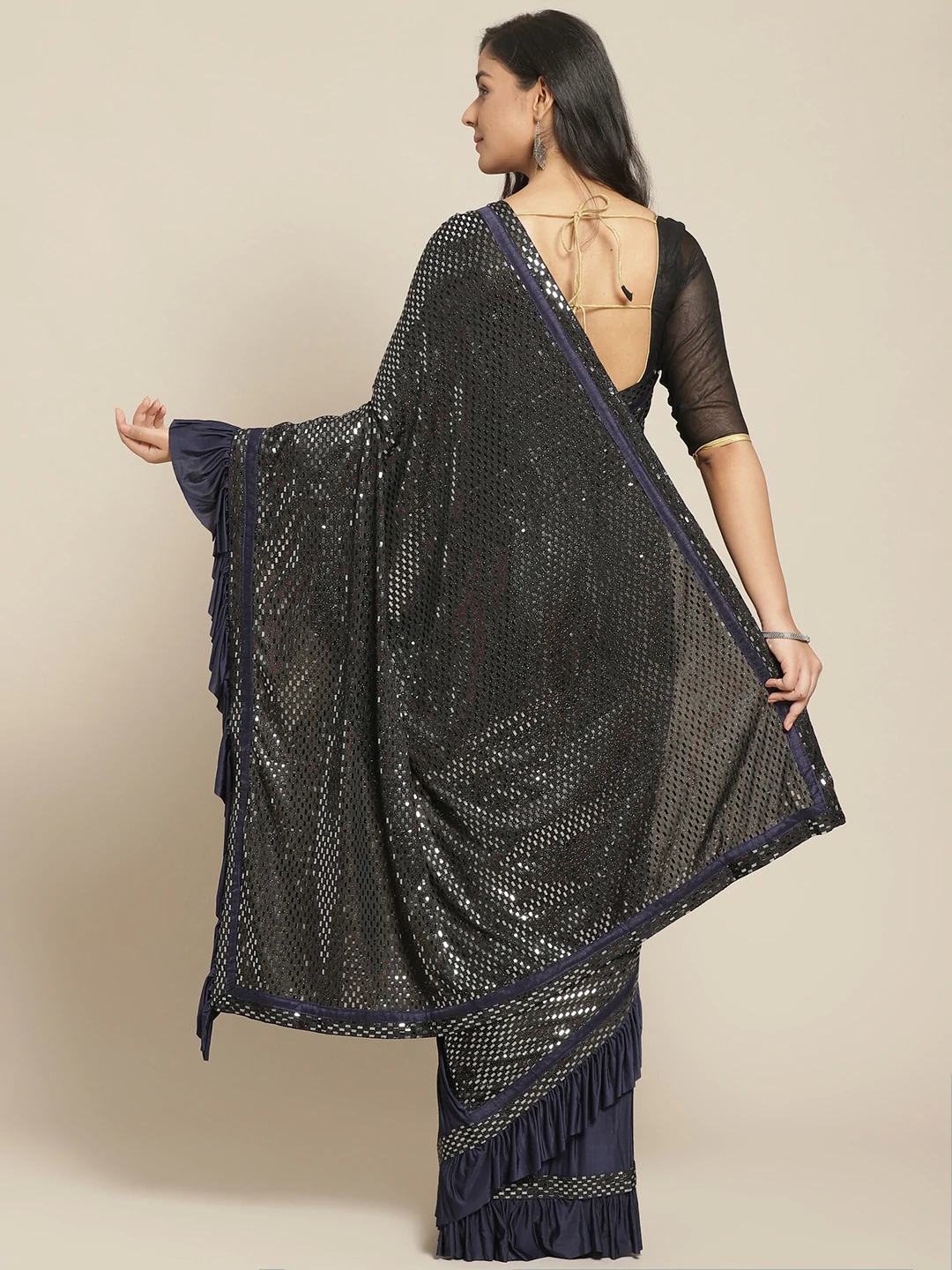 Bling Lycra Ruffled Saree with Festive Layering & Sequence Embroidery Patchwork