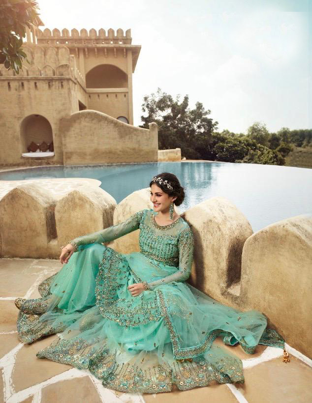 Green colour Net Embroidery Lehenga Suit - Unstitched