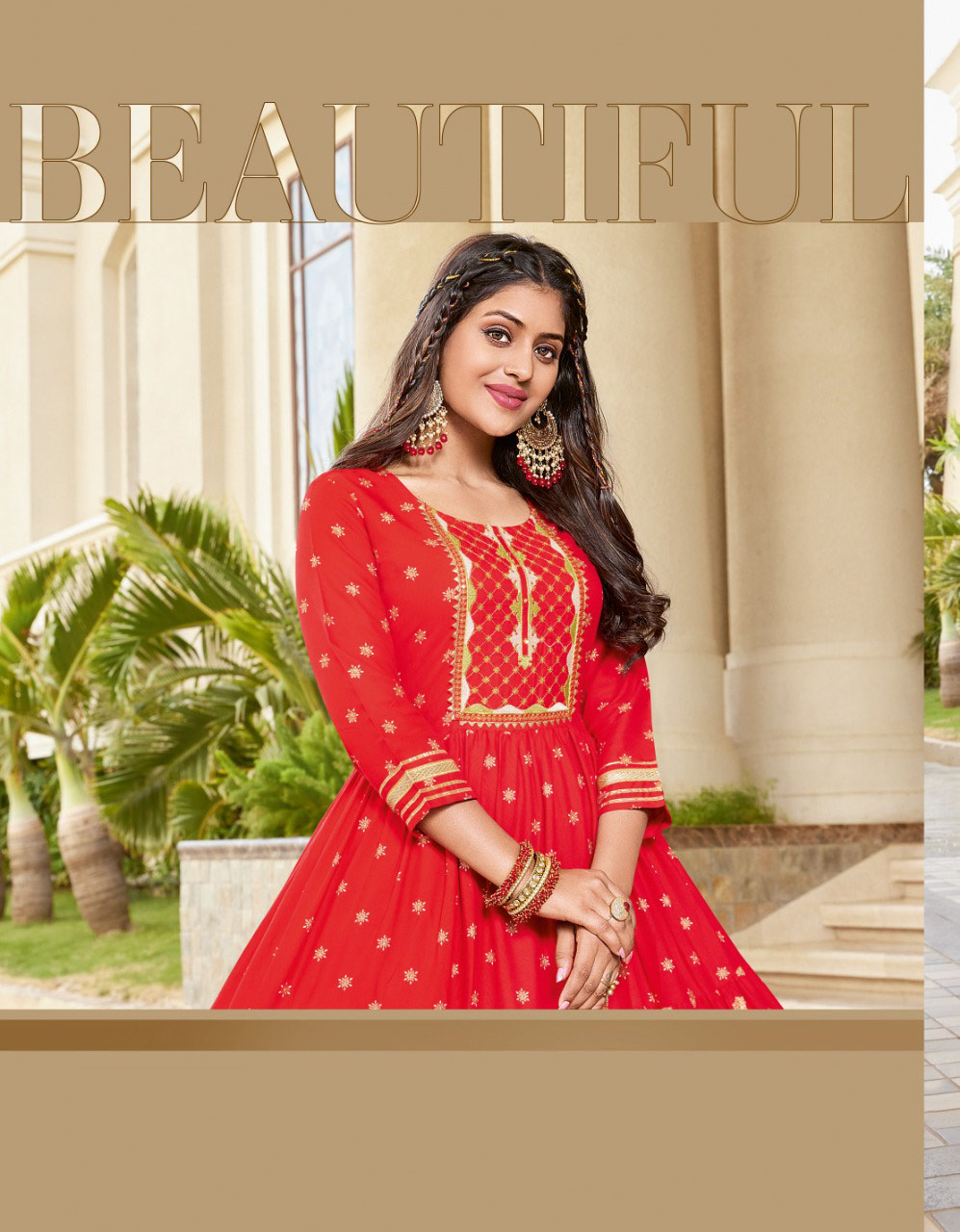 Red colour Reyon Gold Print Kurti Gown with Sequence work