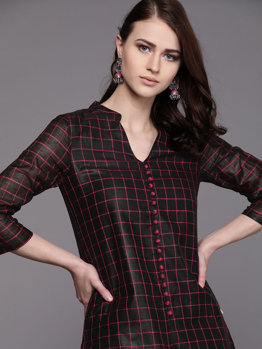 Couture Women Black & Pink Checked Kurta with Palazzos