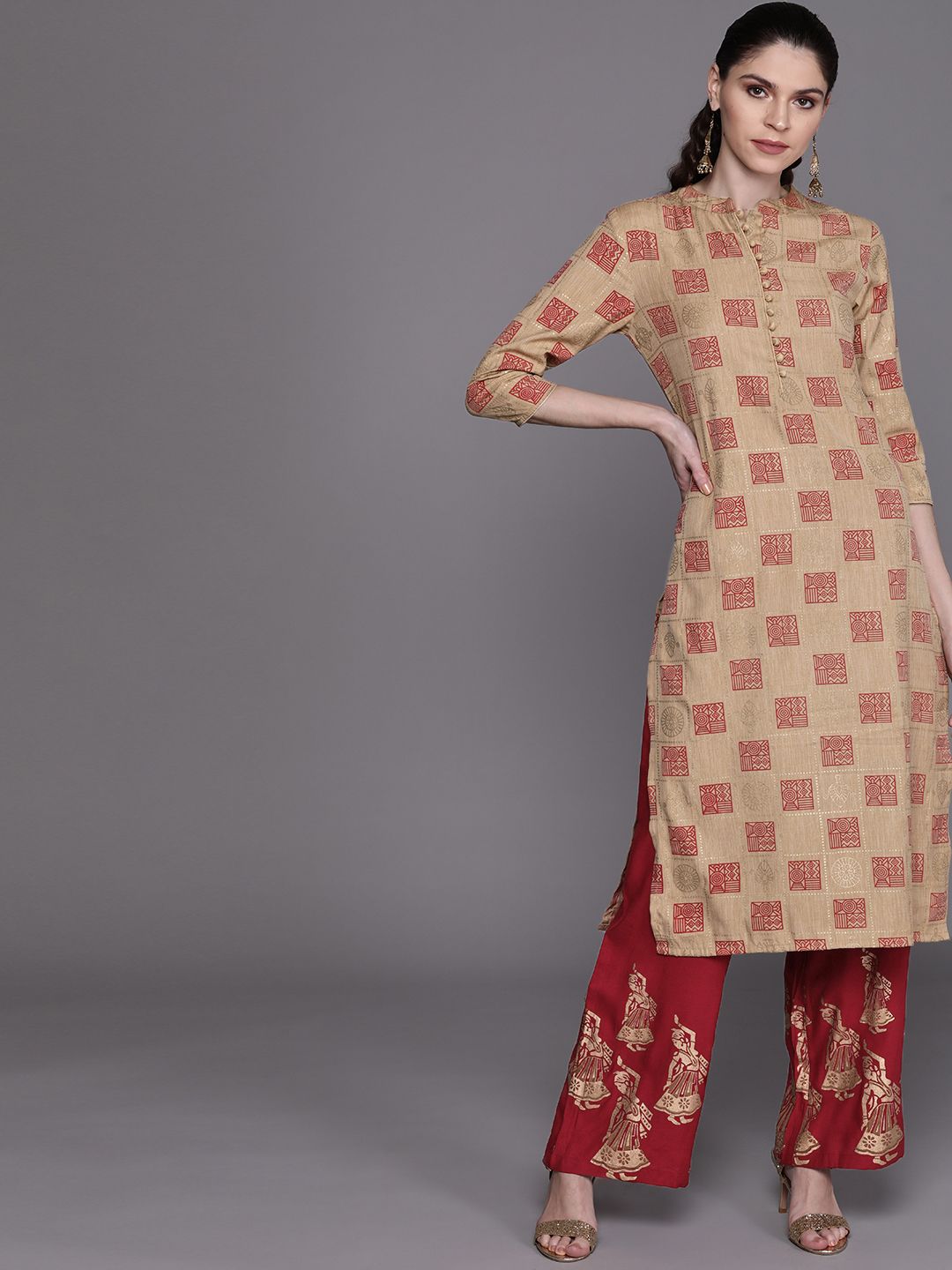 Couture Women Beige & Maroon Printed Kurta with Palazzos