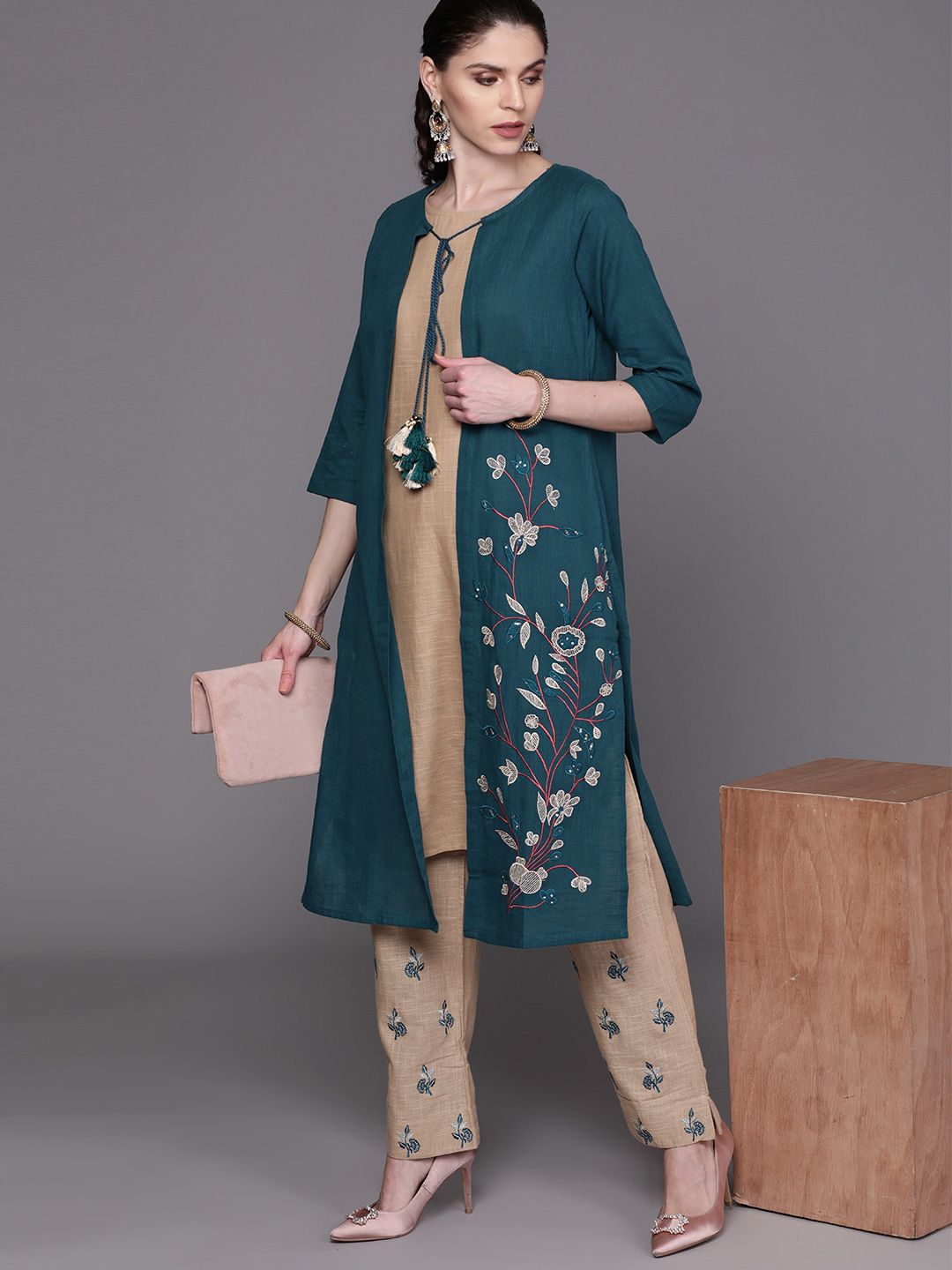 Couture Women Teal Blue & Brown Embroidered Layered Kurta with Palazzos