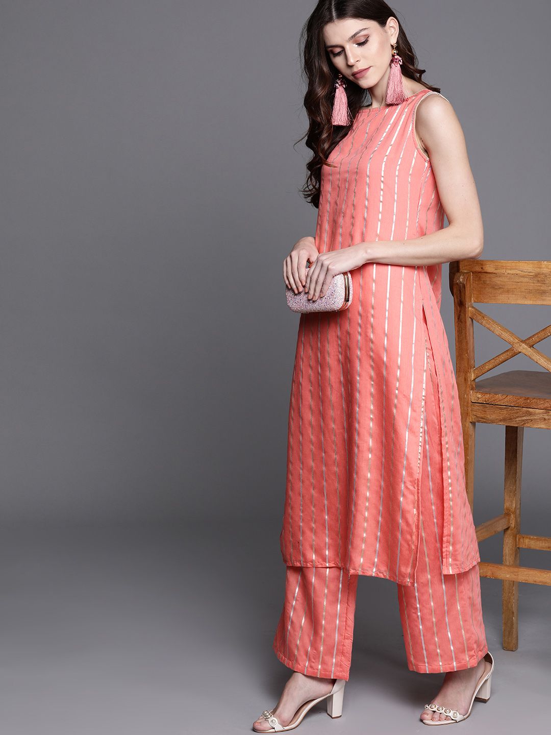 Couture Women Peach-Coloured & Golden Striped Kurta with Palazzos