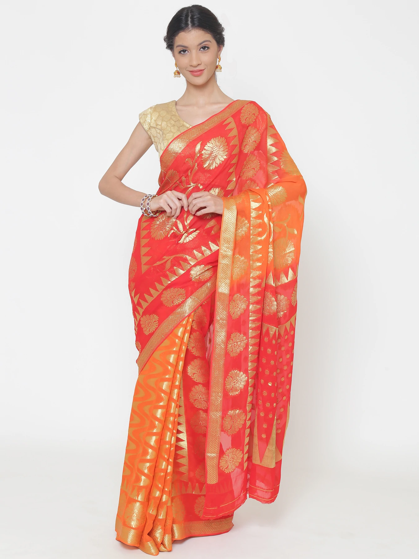 Mysore Georgette Ombre Dyed Saree with Traditional Temple Patterns