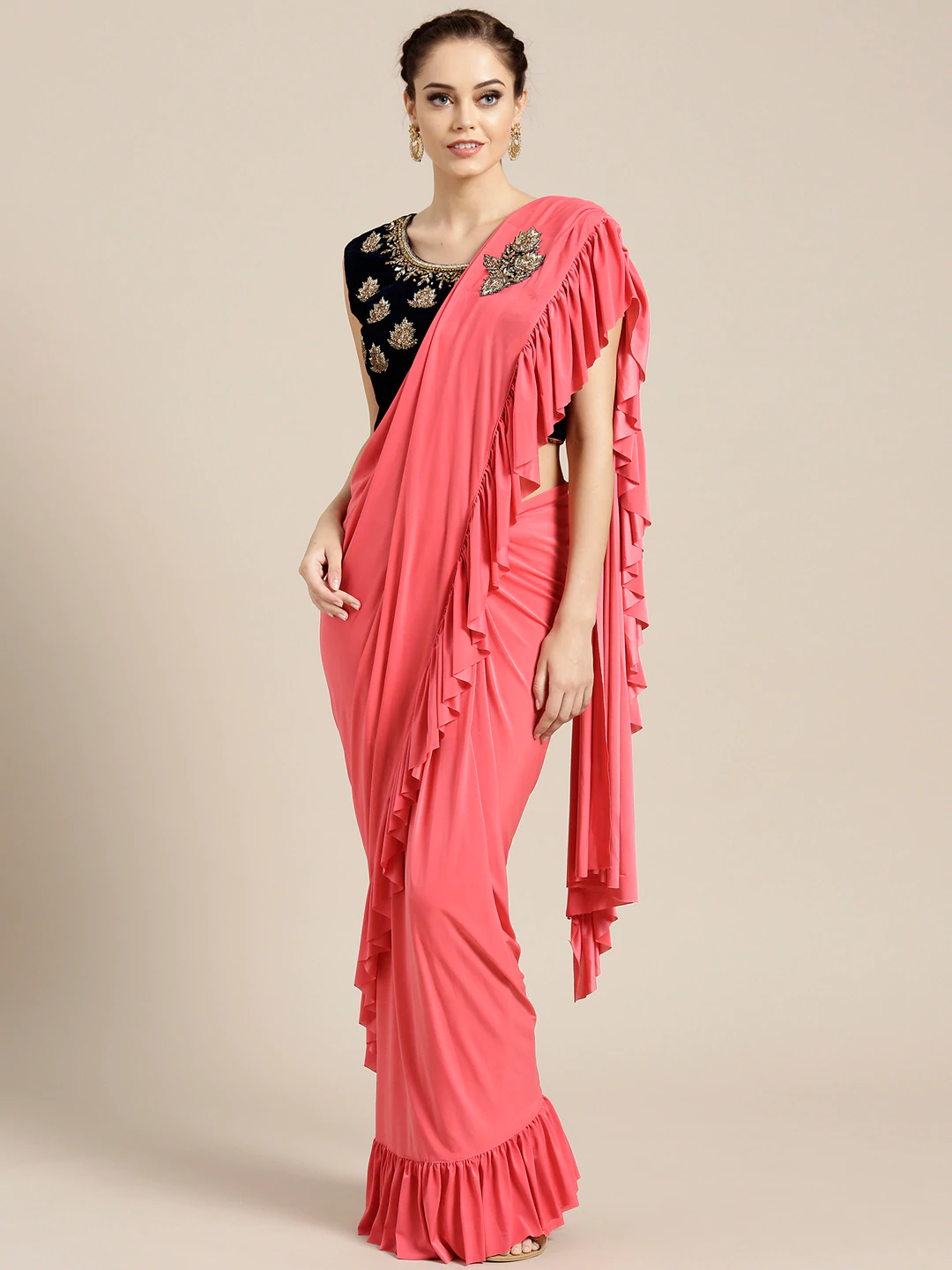 Draped Ruffled Pre-stitched Saree with Embellished Velvet Crystal-studded Blouse
