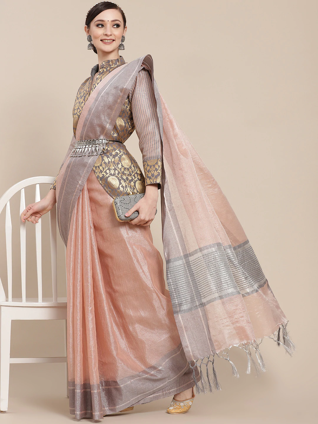 Pastel Chanderi Silk Banarasi Saree With Stylish Unstitch Grey Jacket