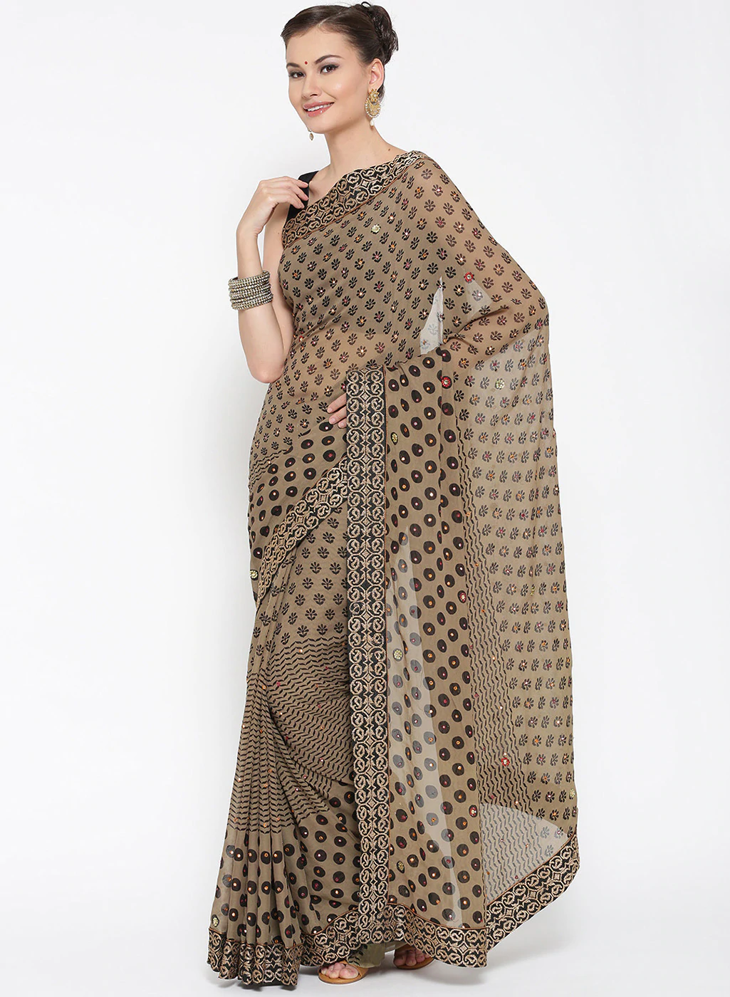 Grey Colored Georgette Printed Saree With Unstitched Blouse