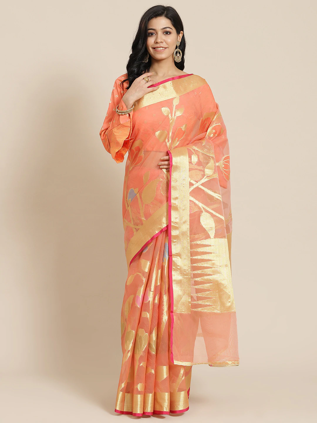 Pastel Gold Zari Floral Weaving Silk Tissue Traditional Banarasi Saree