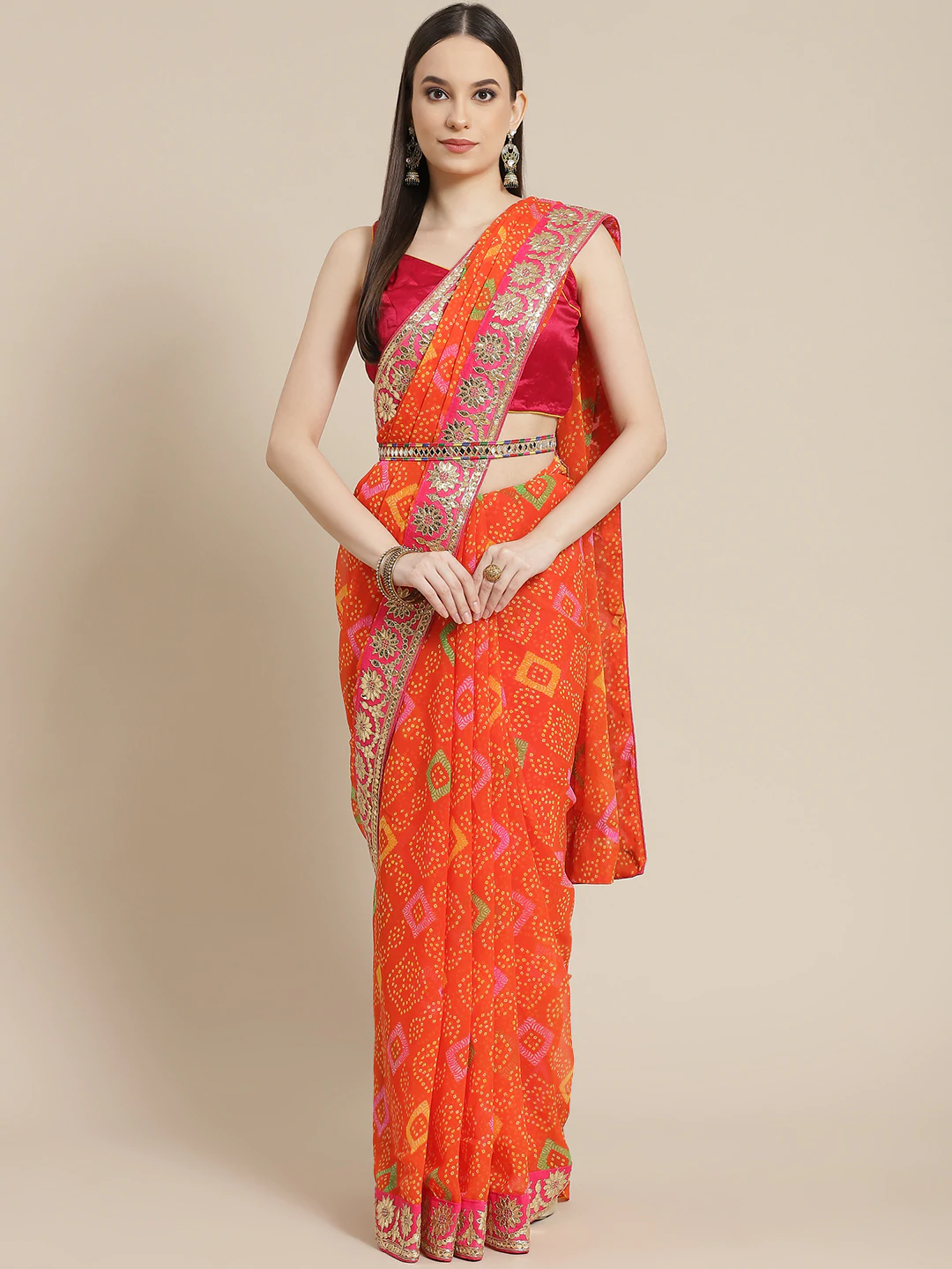 Orange Bandhani Print Georgette Belted Saree with Gotapatti Embroidery