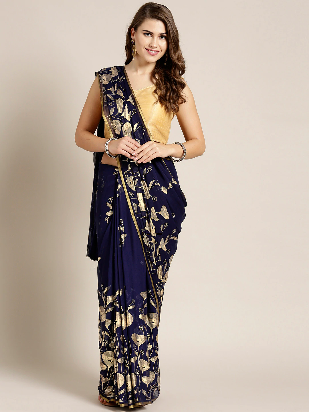Chiffon Hand-Dyed Saree with Gold Foil Printed Floral Tulip Pattern