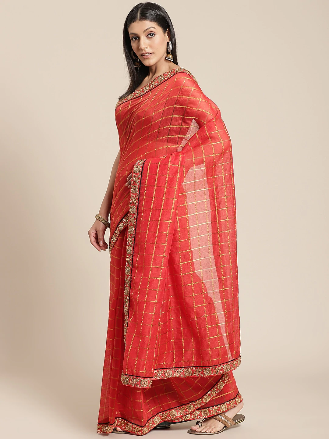 Red Gharchola Saree With Kundan Embroidery Border & Contrast Green Embellished Blouse