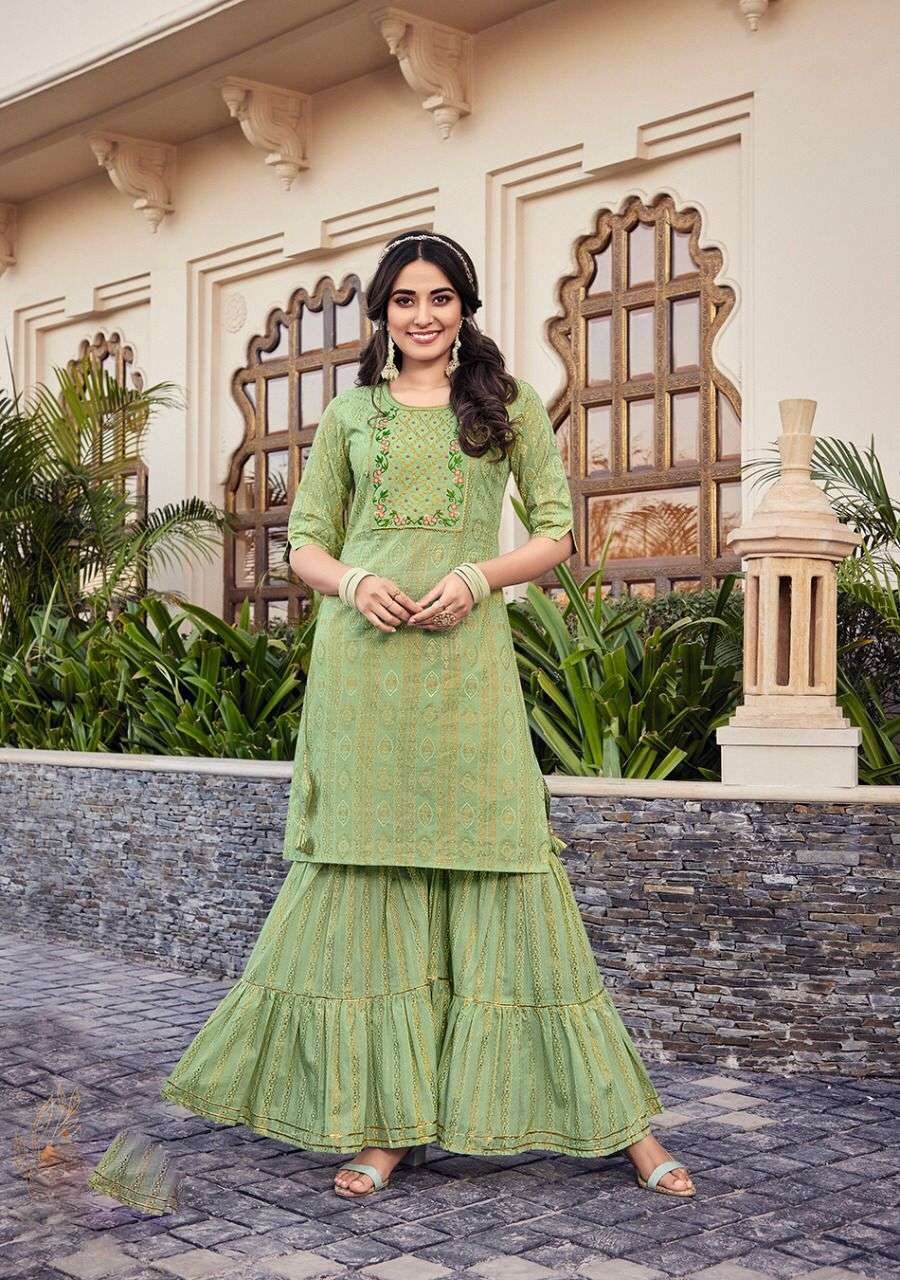 Green color Cotton Kajal style Kurtis with Sharara