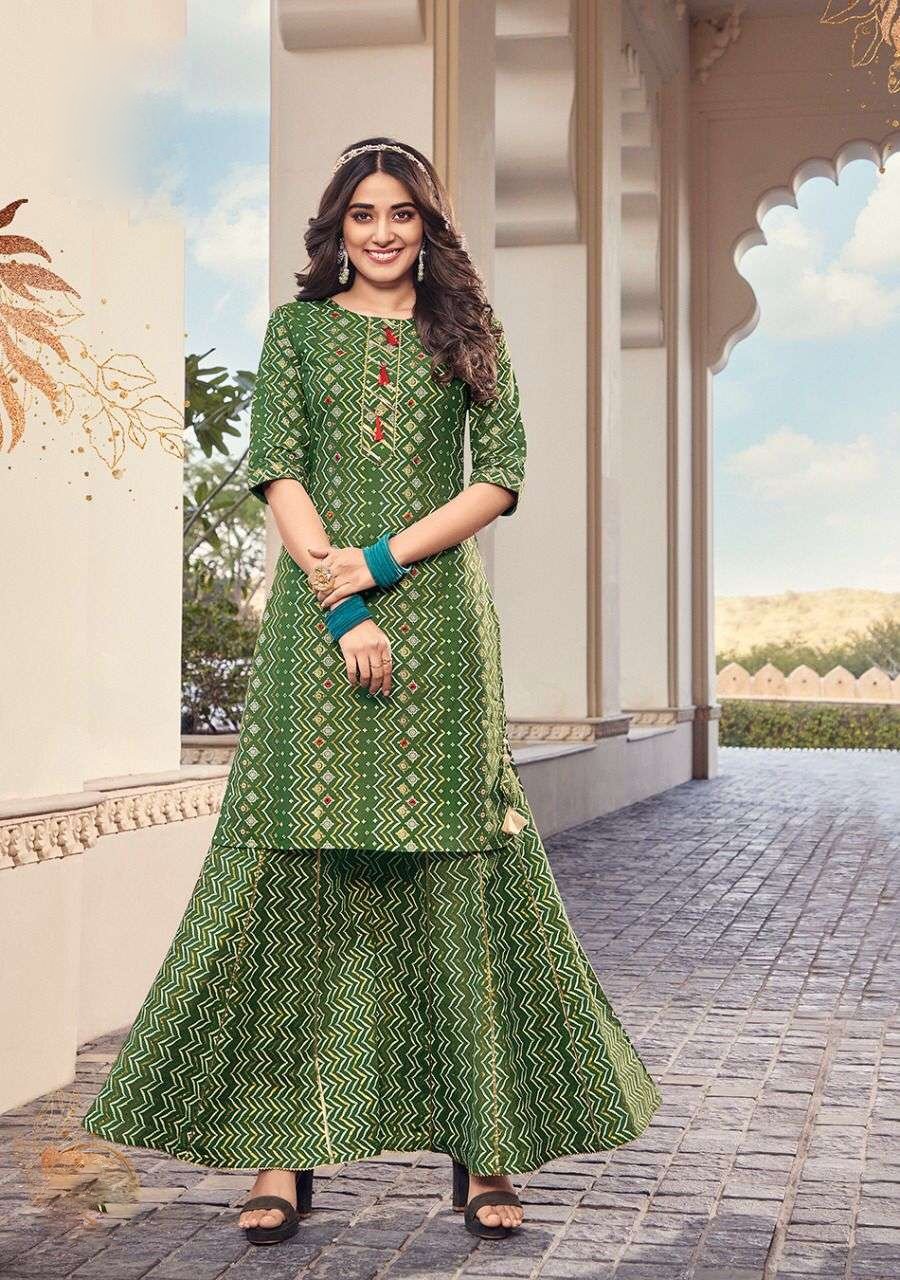 Green color cotton Kajal style Kurtis with Sharara