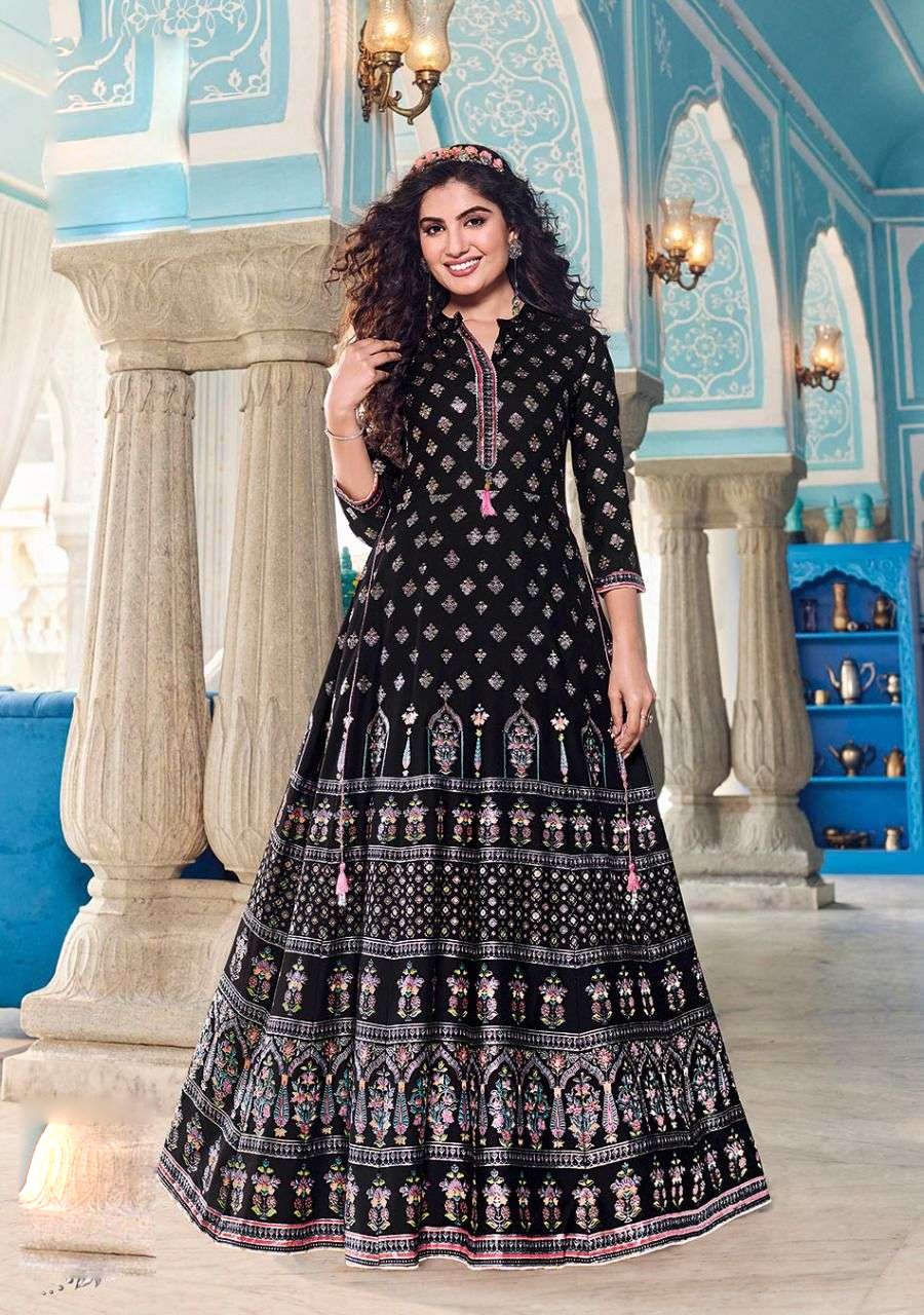 Black color Rayon Colorbar Kajal style Long Gown Kurtis