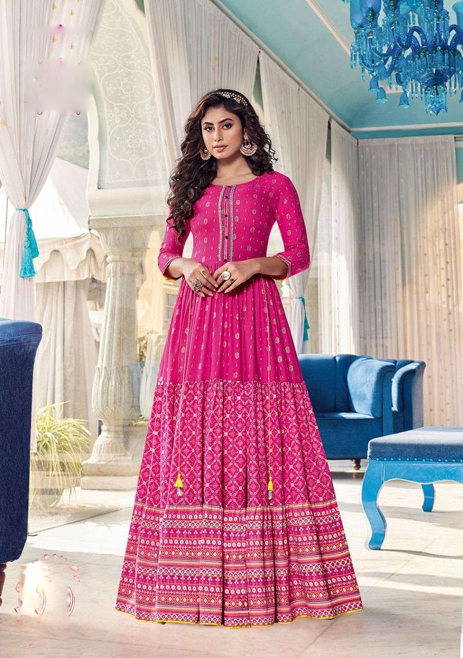 Pink color Rayon Colorbar Kajal style Long Gown Kurtis