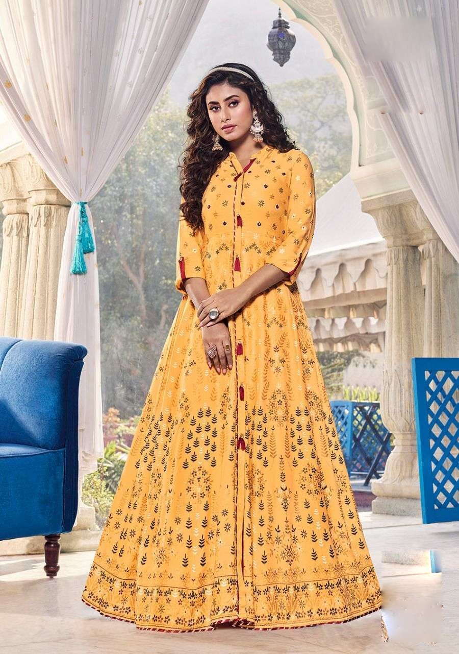 Yellow  color Rayon Colorbar Kajal style Long Gown Kurtis