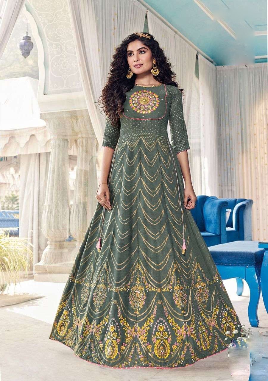 Green color Rayon Colorbar Kajal style Long Gown Kurtis