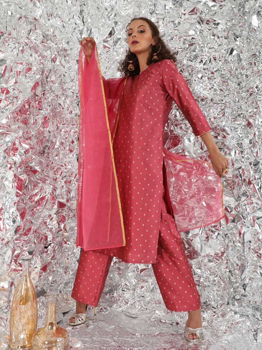 Pink Self Designed Kurta Set With Dupatta