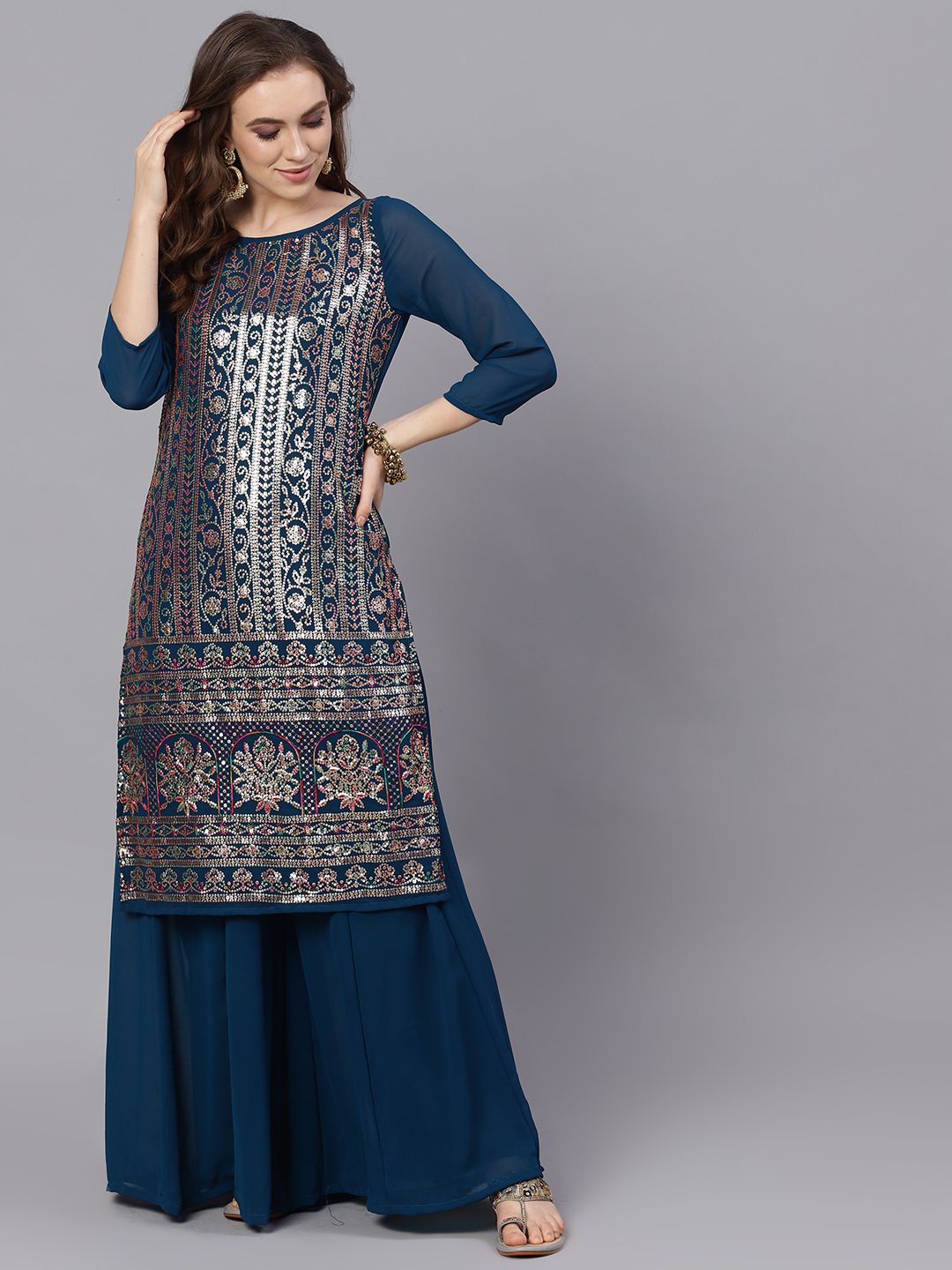 Blue Sequence Work Kurta With Solid Flared Palazzo